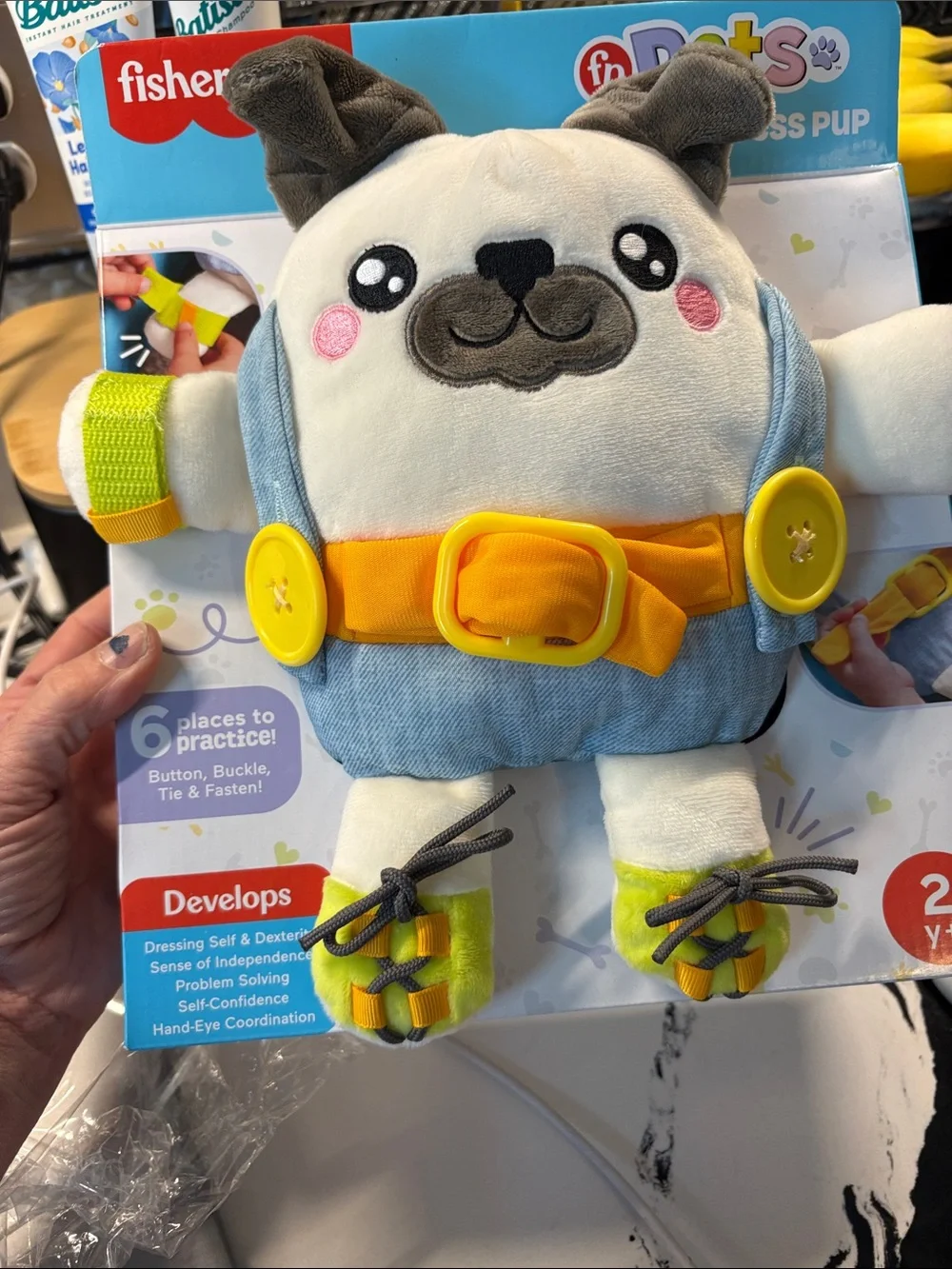 Fisher-Price Cream Plush Puppy with Light Blue Overalls & Yellow Accents